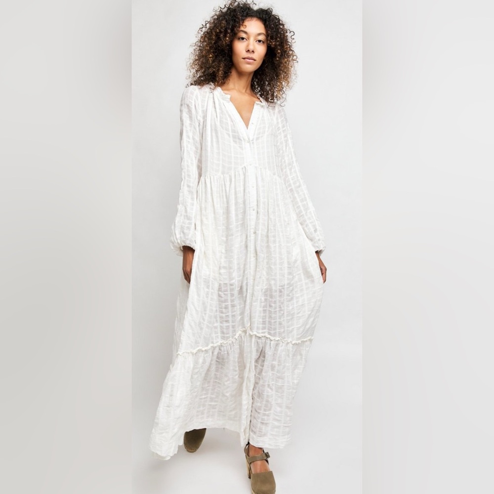 Free People White Gauze Long Sleeve Tiered Maxi Dress